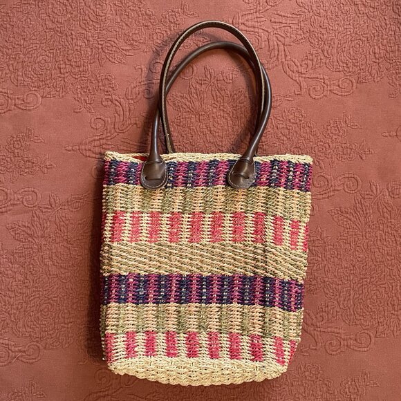 WOVEN STRAW TOTE BAG Double Handle Handbag Purse MULTI COLORED 11 x 11  1101A - Picture 2 of 8